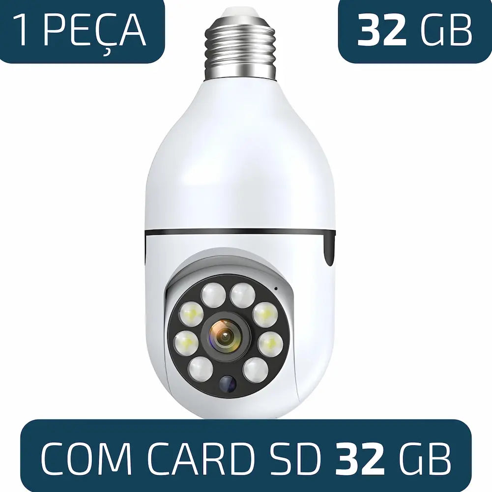 A imagem mostra uma câmera de segurança em forma de lâmpada com várias luzes LED ao redor da lente. O texto destaca "1 Peça" e "32 GB", indicando que o pacote inclui uma câmera e um cartão SD de 32 GB. A câmera possui um soquete E27, facilitando sua instalação.